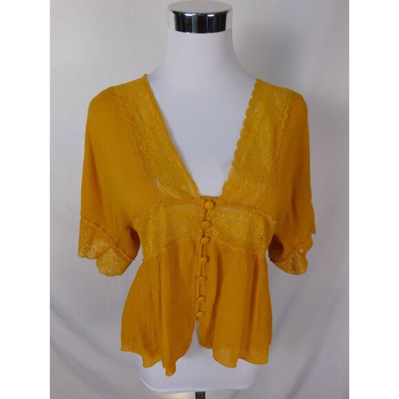 American Threads Mustard Lace Blouse L Boho Cottagecore Witch - Picture 1 of 11